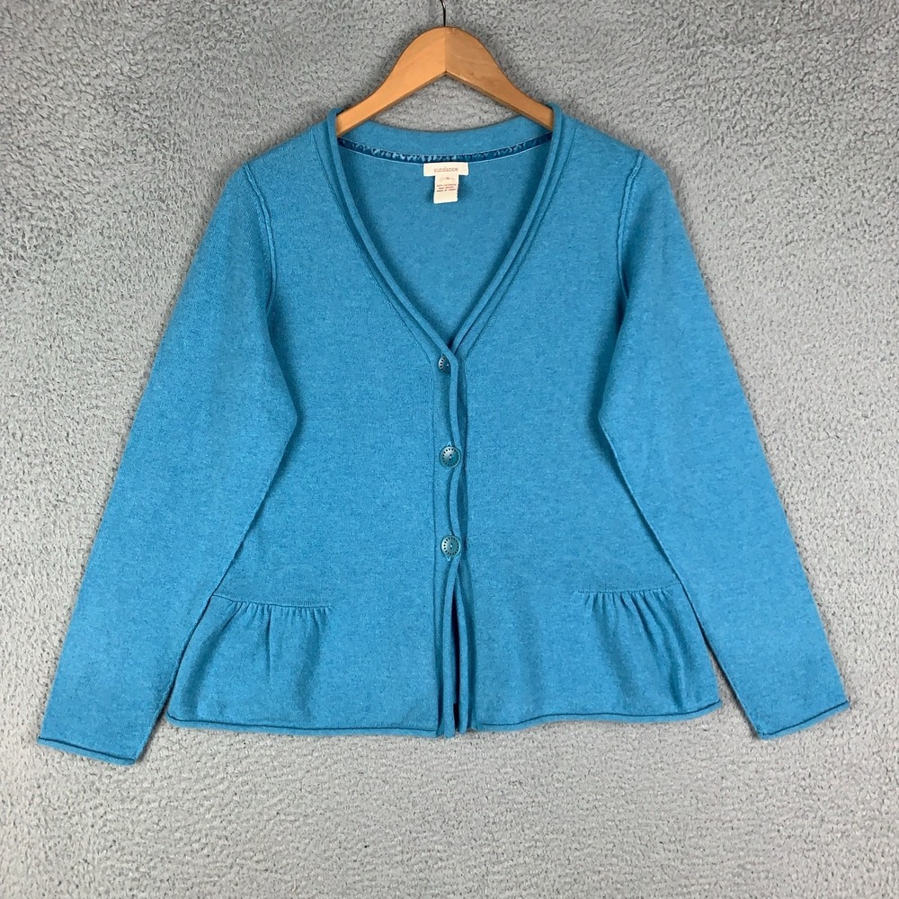 Sundance Cashmere Peplum Cardigan Women's Small Blue Button‎ Front V Neck Preppy